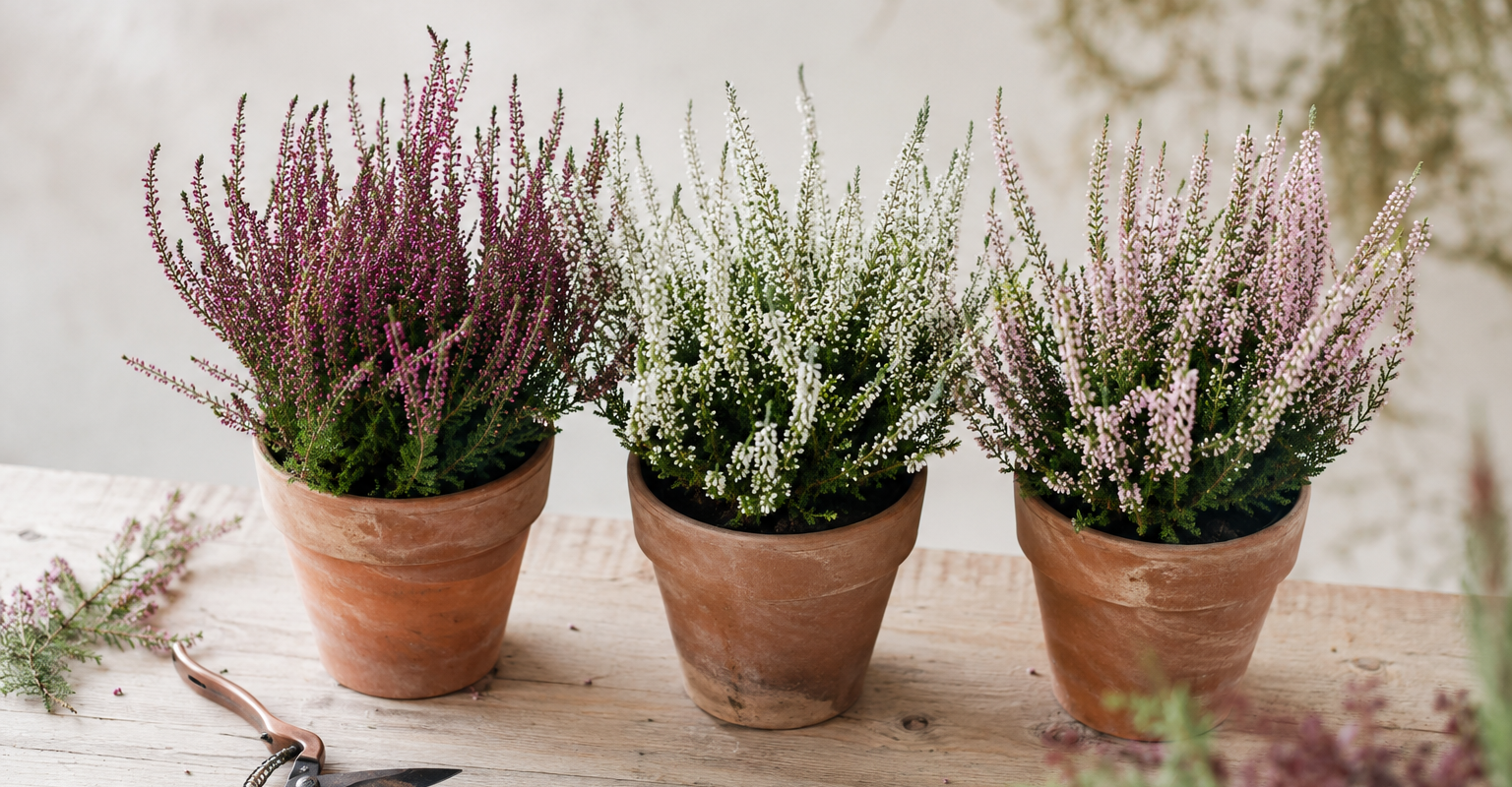 Trois pots de bruyères de saison en fleurs sur une table en bois chez le fleuriste Flowr