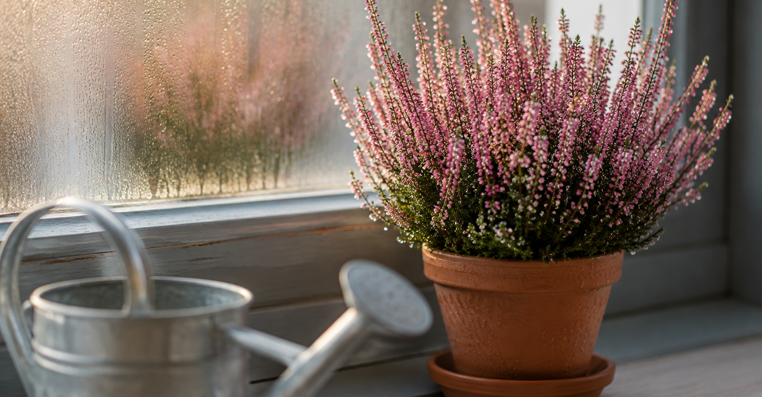 Bruyère rose en pot avec arrosoir, conseils d’entretien et d’arrosage chez Flowr