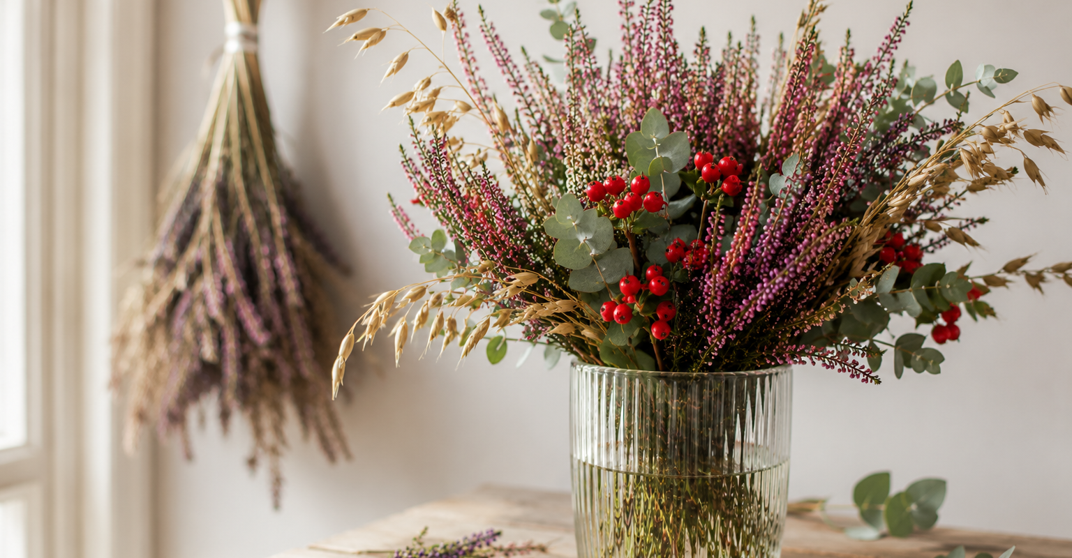 Bouquet d’automne avec bruyères, eucalyptus, baies d’Hypericum et fleurs séchées chez Flowr